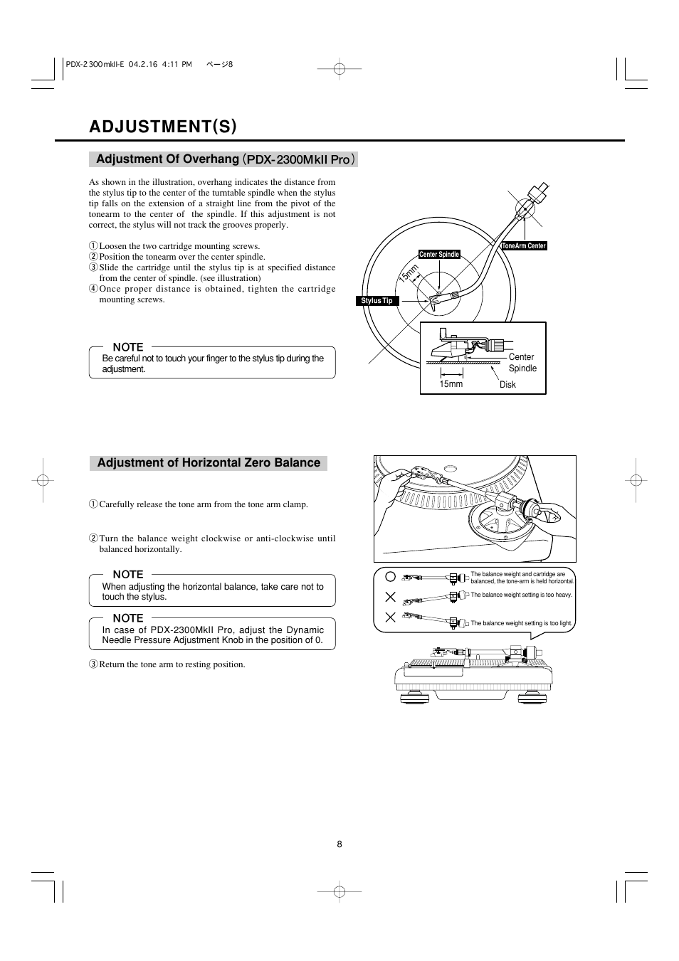 Adjustment(s), Adjustment of horizontal zero balance, Adjustment of overhang | Vestax PDX-2300MkII User Manual | Page 9 / 14
