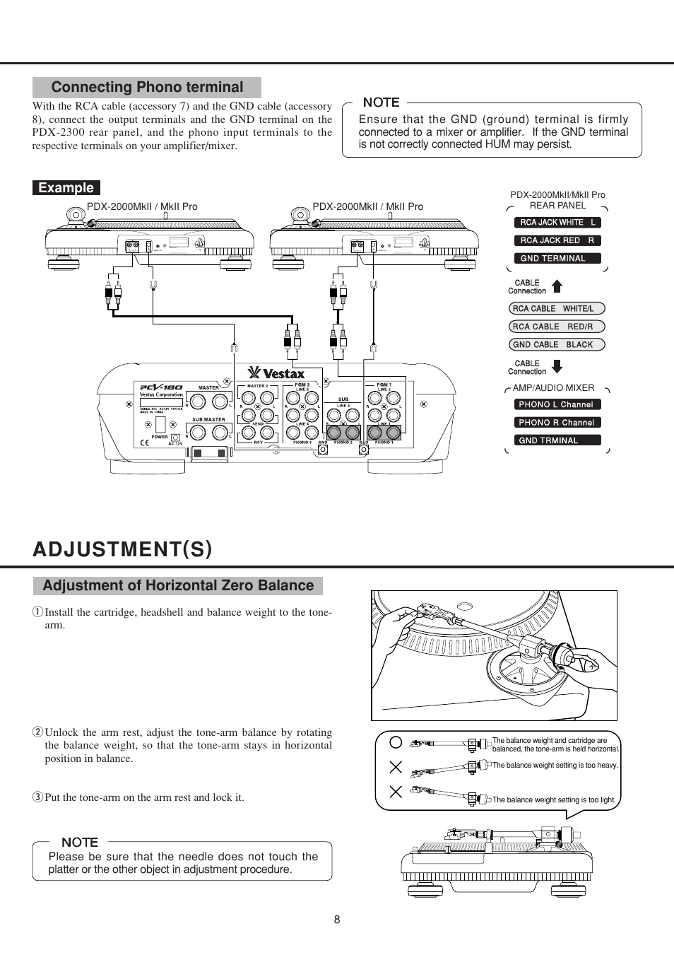 Adjustment(s), Connecting phono terminal, Adjustment of horizontal zero balance | Example | Vestax PDX-2000MkII User Manual | Page 9 / 14