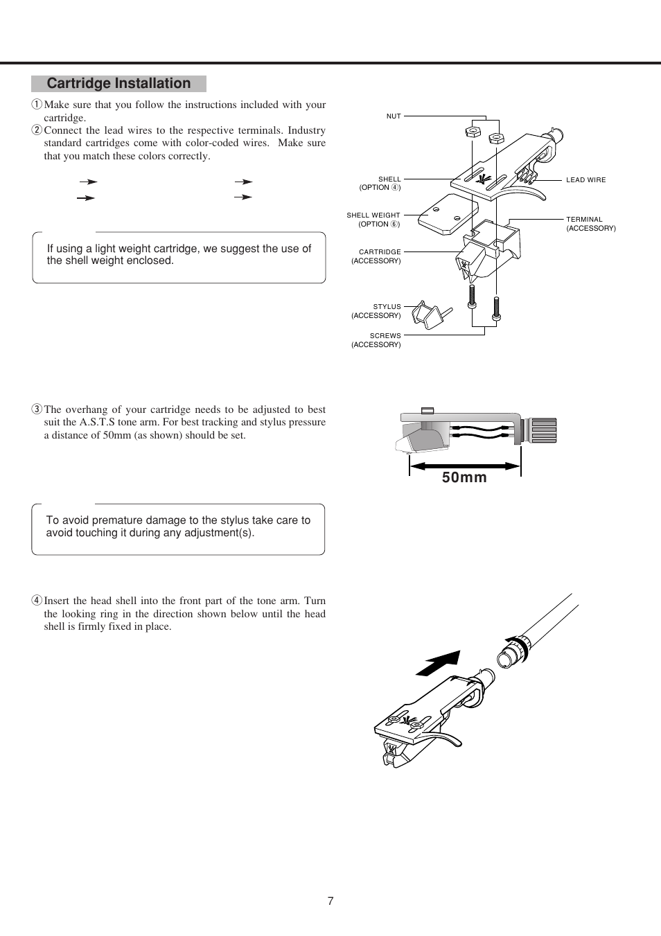 50mm, Cartridge installation | Vestax PDX-2300 User Manual | Page 8 / 14