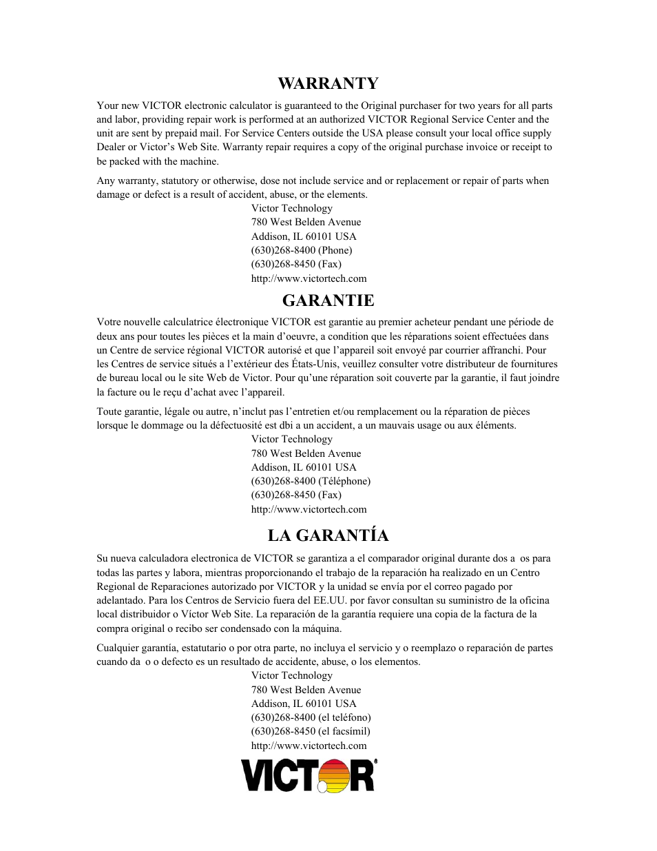 Warranty, Garantie, La garantía | Victor 1230-4 User Manual | Page 25 / 26