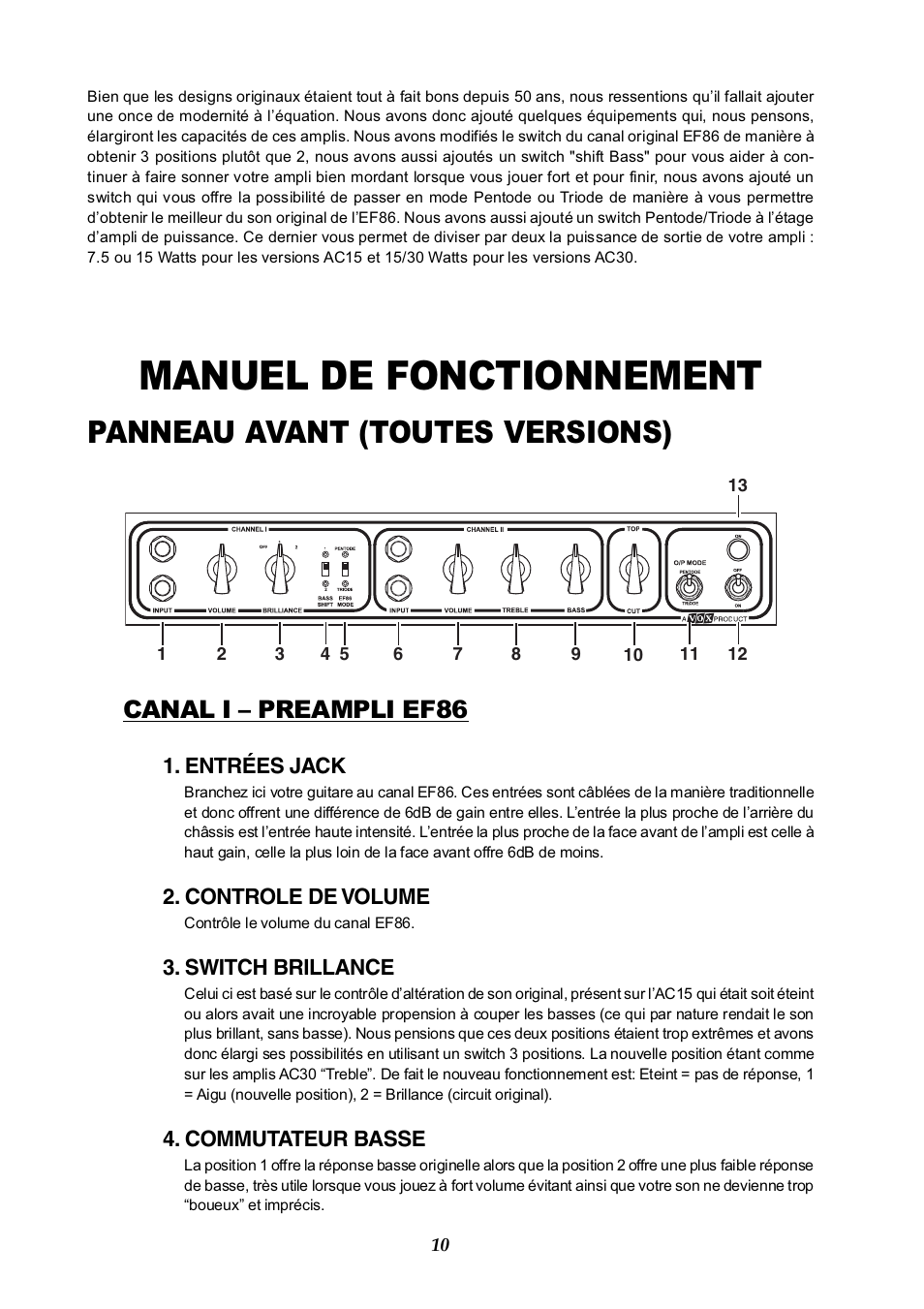 Manuel de fonctionnement, Panneau avant (toutes versions), Canal i – preampli ef86 | Vox AC30HH User Manual | Page 10 / 26