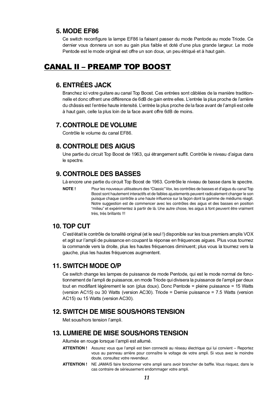 Canal ii – preamp top boost, Mode ef86, Entrées jack | Controle de volume, Controle des aigus, Controle des basses, Top cut, Switch mode o/p, Switch de mise sous/hors tension, Lumiere de mise sous/hors tension | Vox AC30HH User Manual | Page 11 / 26