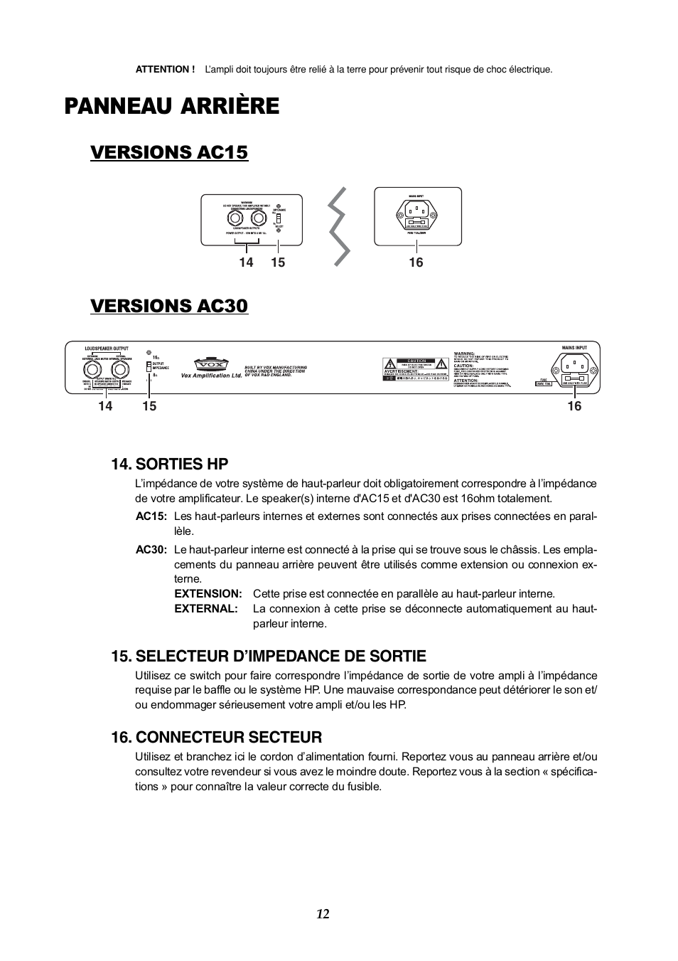 Panneau arrière, Versions ac15, Versions ac30 | Sorties hp, Selecteur d’impedance de sortie, Connecteur secteur | Vox AC30HH User Manual | Page 12 / 26