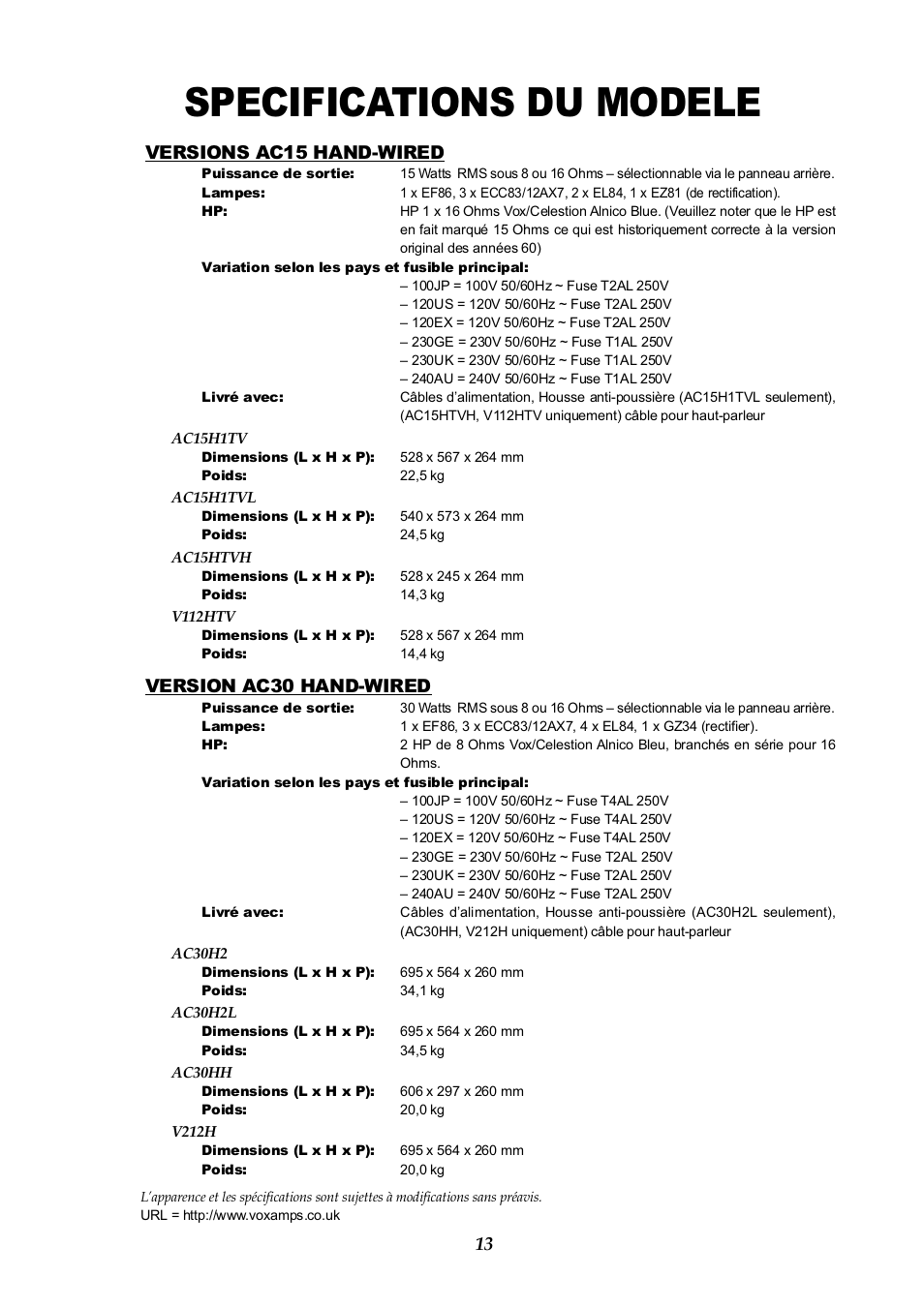 Specifications du modele, Versions ac15 hand-wired, Version ac30 hand-wired | Vox AC30HH User Manual | Page 13 / 26