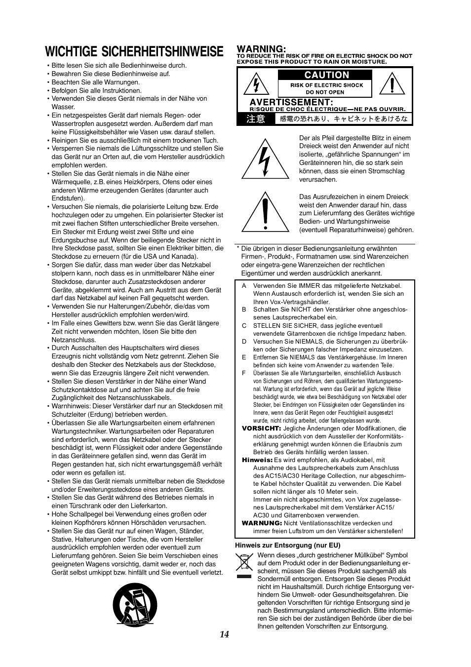 Deutsch, Wichtige sicherheitshinweise | Vox AC30HH User Manual | Page 14 / 26