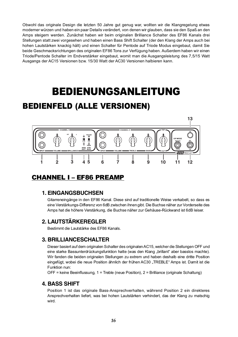 Bedienungsanleitung, Bedienfeld (alle versionen), Channel i – ef86 preamp | Vox AC30HH User Manual | Page 16 / 26