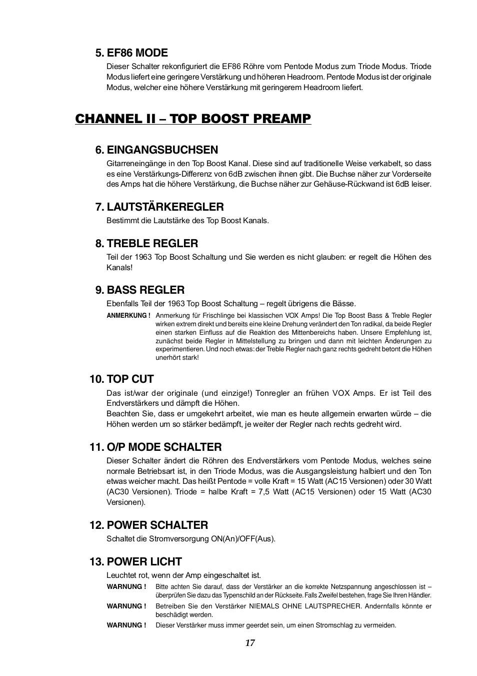 Channel ii – top boost preamp, Ef86 mode, Eingangsbuchsen | Lautstärkeregler, Treble regler, Bass regler, Top cut, O/p mode schalter, Power schalter, Power licht | Vox AC30HH User Manual | Page 17 / 26