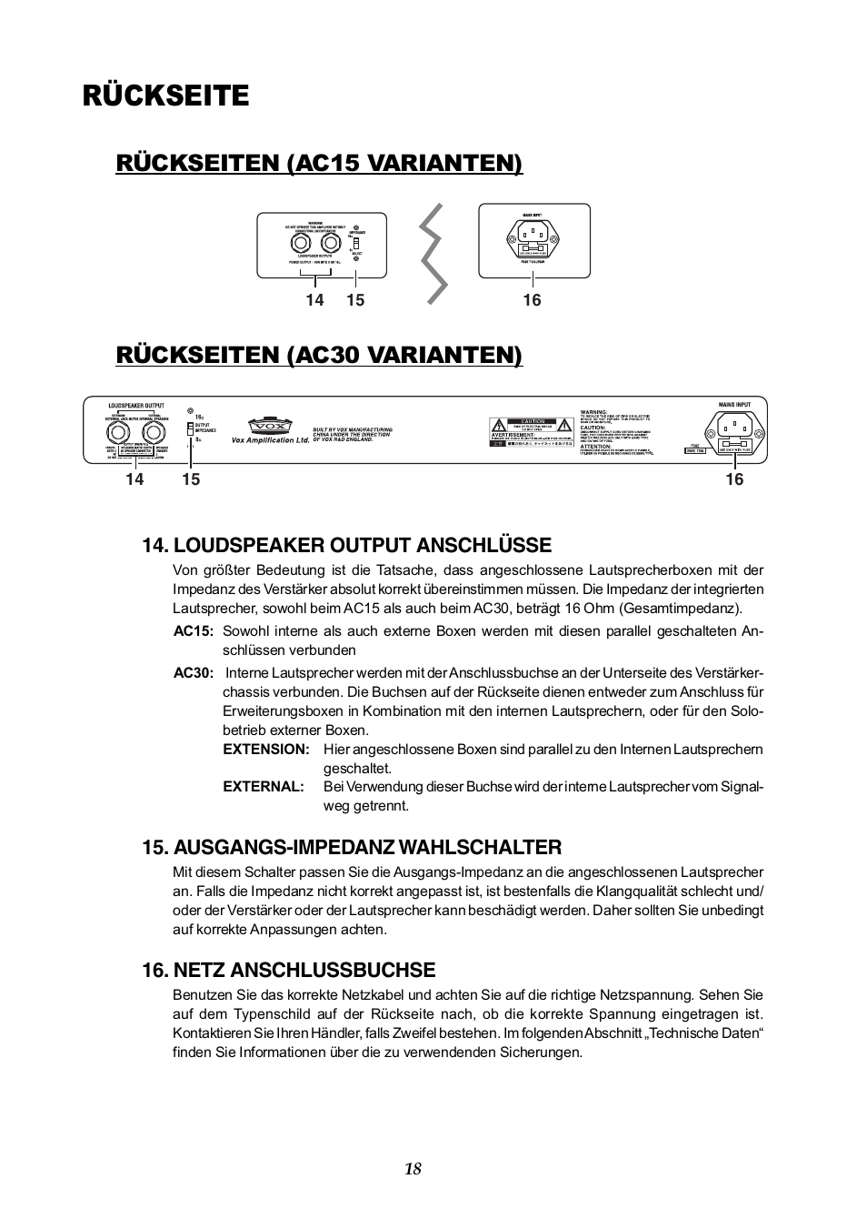 Rückseite, Rückseiten (ac15 varianten), Rückseiten (ac30 varianten) | Vox AC30HH User Manual | Page 18 / 26