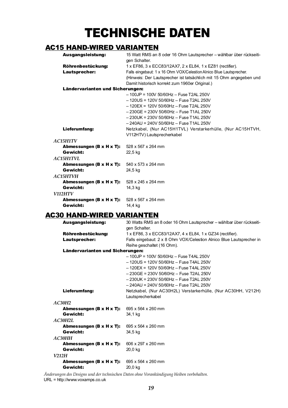 Technische daten, Ac15 hand-wired varianten, Ac30 hand-wired varianten | Vox AC30HH User Manual | Page 19 / 26