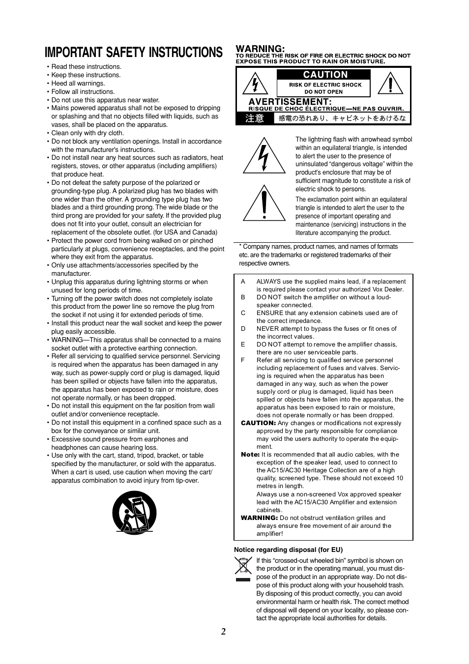 English, Important safety instructions | Vox AC30HH User Manual | Page 2 / 26