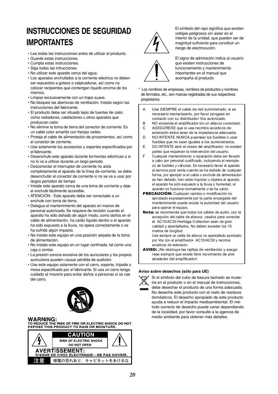Españole, Instrucciones de seguridad importantes | Vox AC30HH User Manual | Page 20 / 26