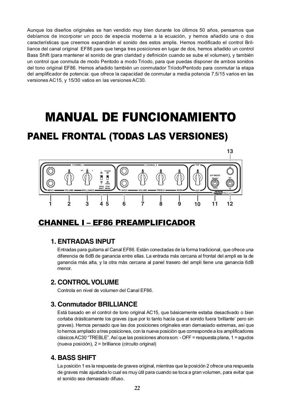 Manual de funcionamiento, Panel frontal (todas las versiones), Channel i – ef86 preamplificador | Vox AC30HH User Manual | Page 22 / 26