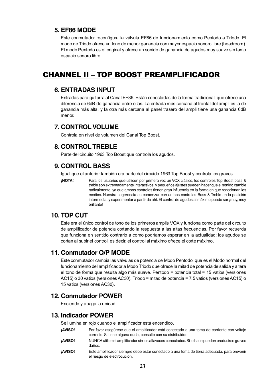 Channel ii – top boost preamplificador, Ef86 mode, Entradas input | Control volume, Control treble, Control bass, Top cut, Conmutador o/p mode, Conmutador power, Indicador power | Vox AC30HH User Manual | Page 23 / 26