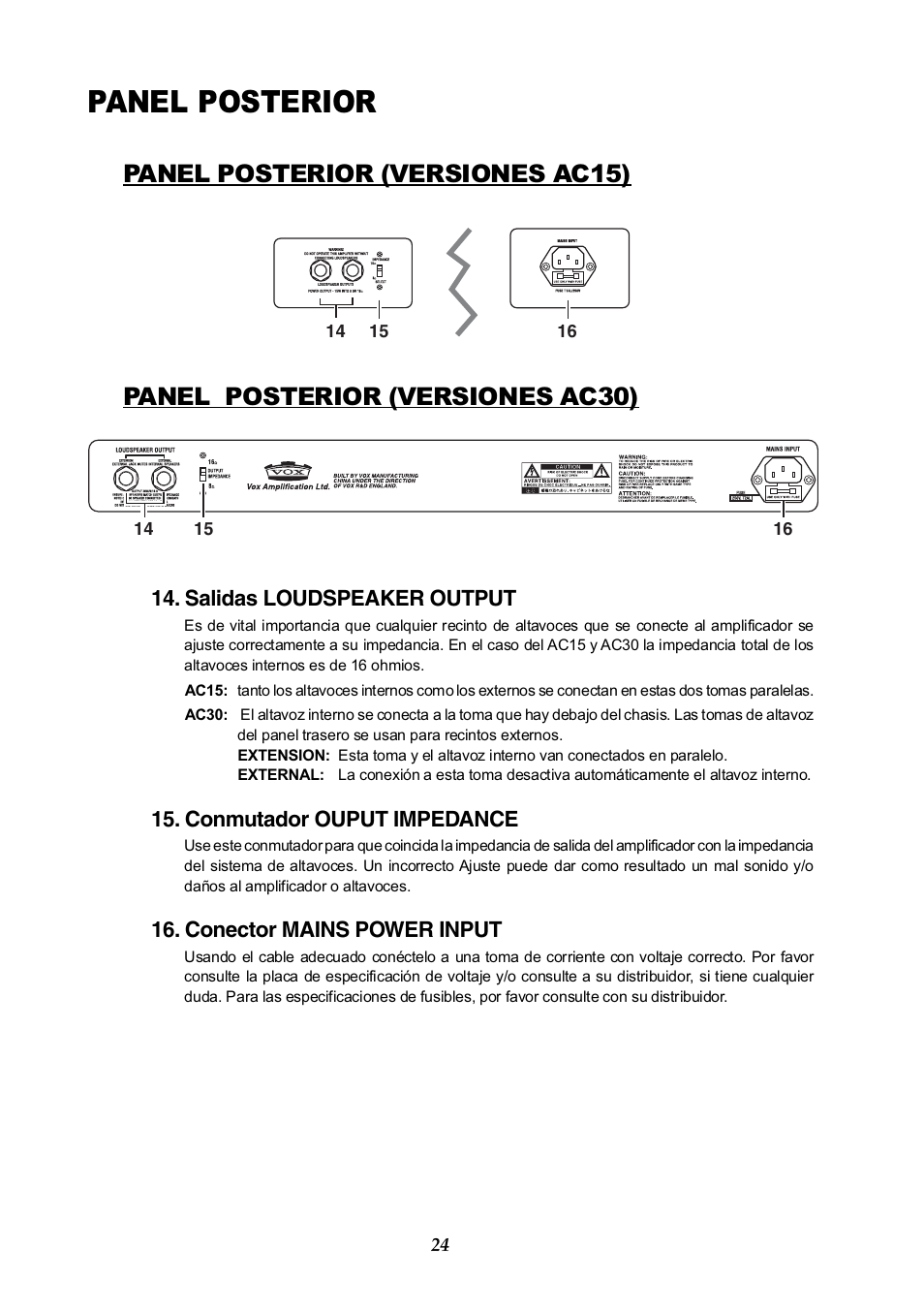Panel posterior, Panel posterior (versiones ac15), Panel posterior (versiones ac30) | Vox AC30HH User Manual | Page 24 / 26