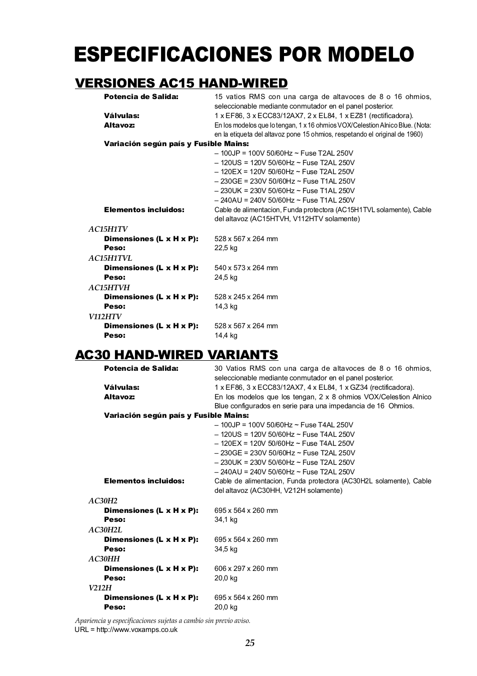 Especificaciones por modelo, Versiones ac15 hand-wired, Ac30 hand-wired variants | Vox AC30HH User Manual | Page 25 / 26