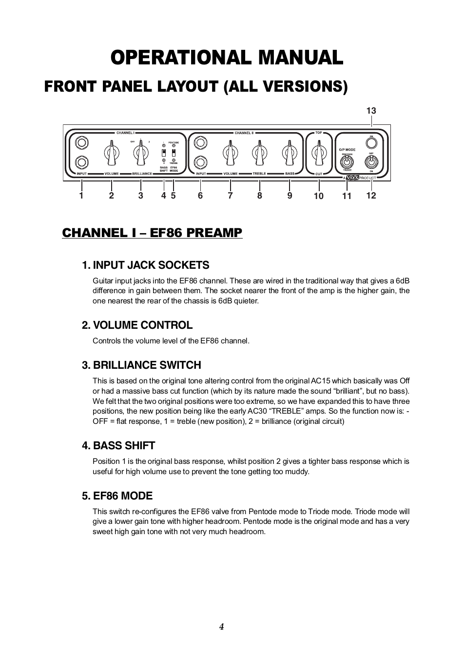 Operational manual, Front panel layout (all versions), Channel i – ef86 preamp | Vox AC30HH User Manual | Page 4 / 26