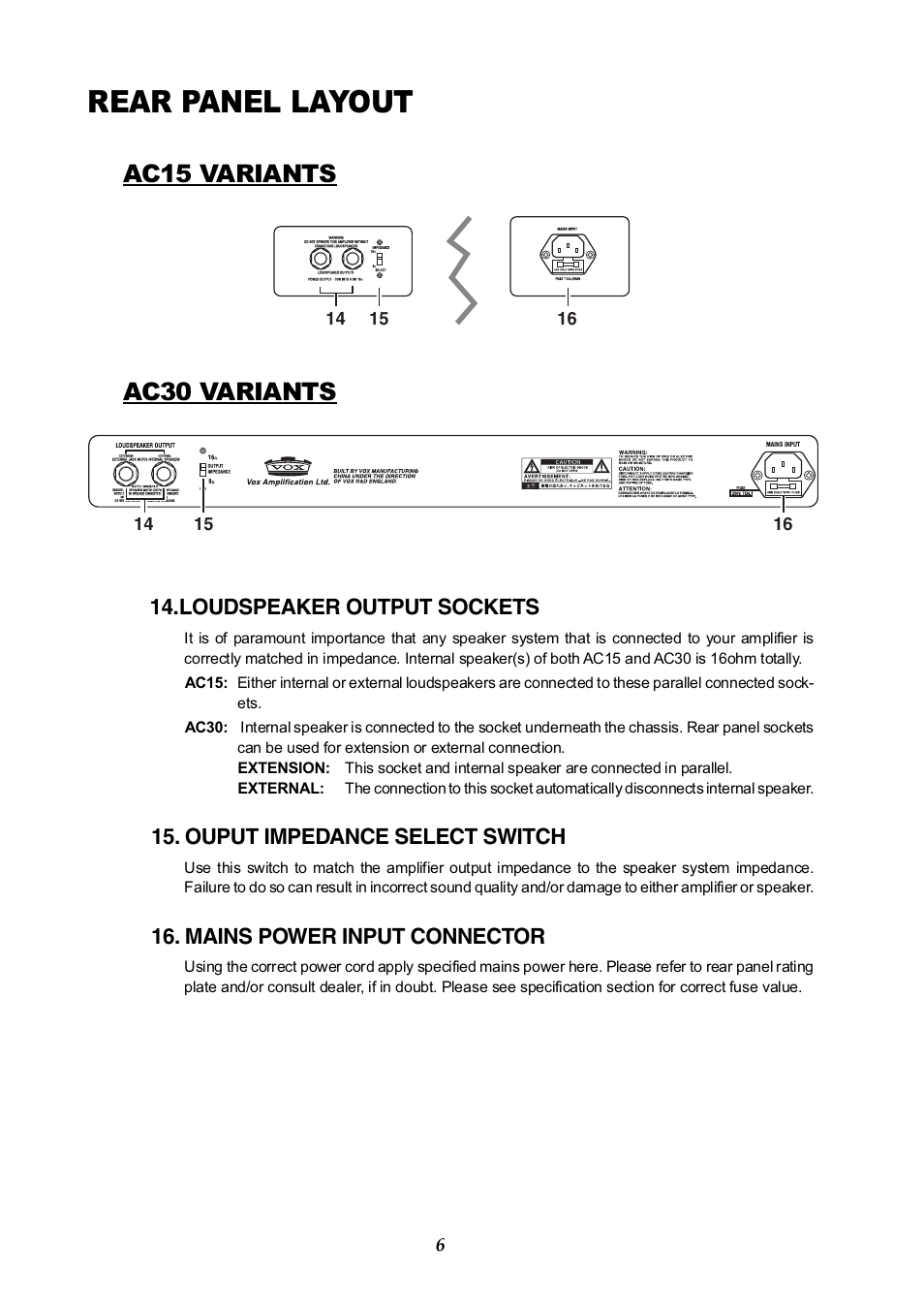 Rear panel layout, Ac15 variants, Ac30 variants | Vox AC30HH User Manual | Page 6 / 26