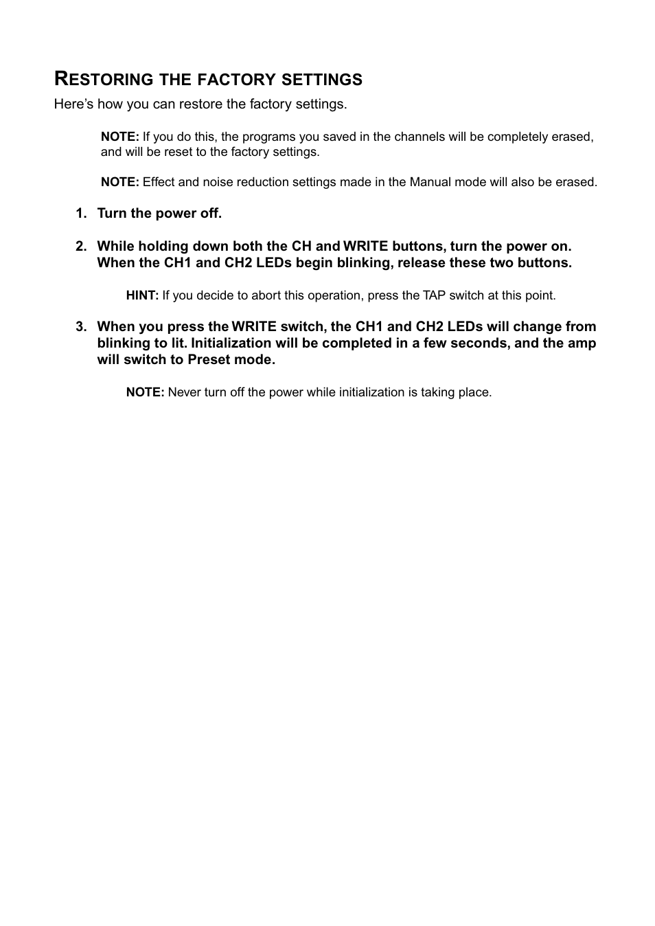 Restoring the factory settings | Vox AD100VT User Manual | Page 19 / 36