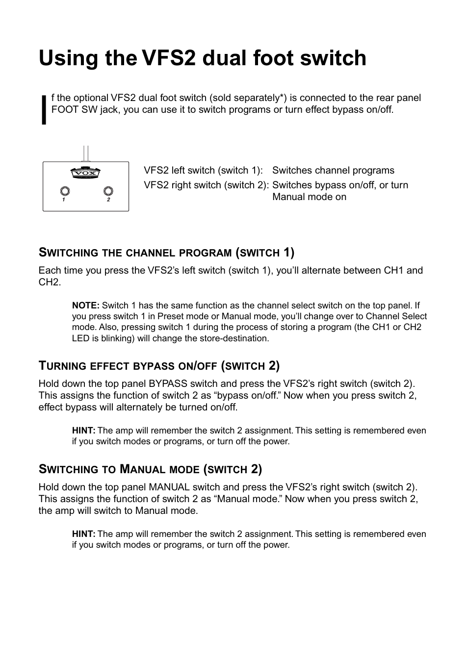 Using the vfs2 dual foot switch | Vox AD100VT User Manual | Page 20 / 36