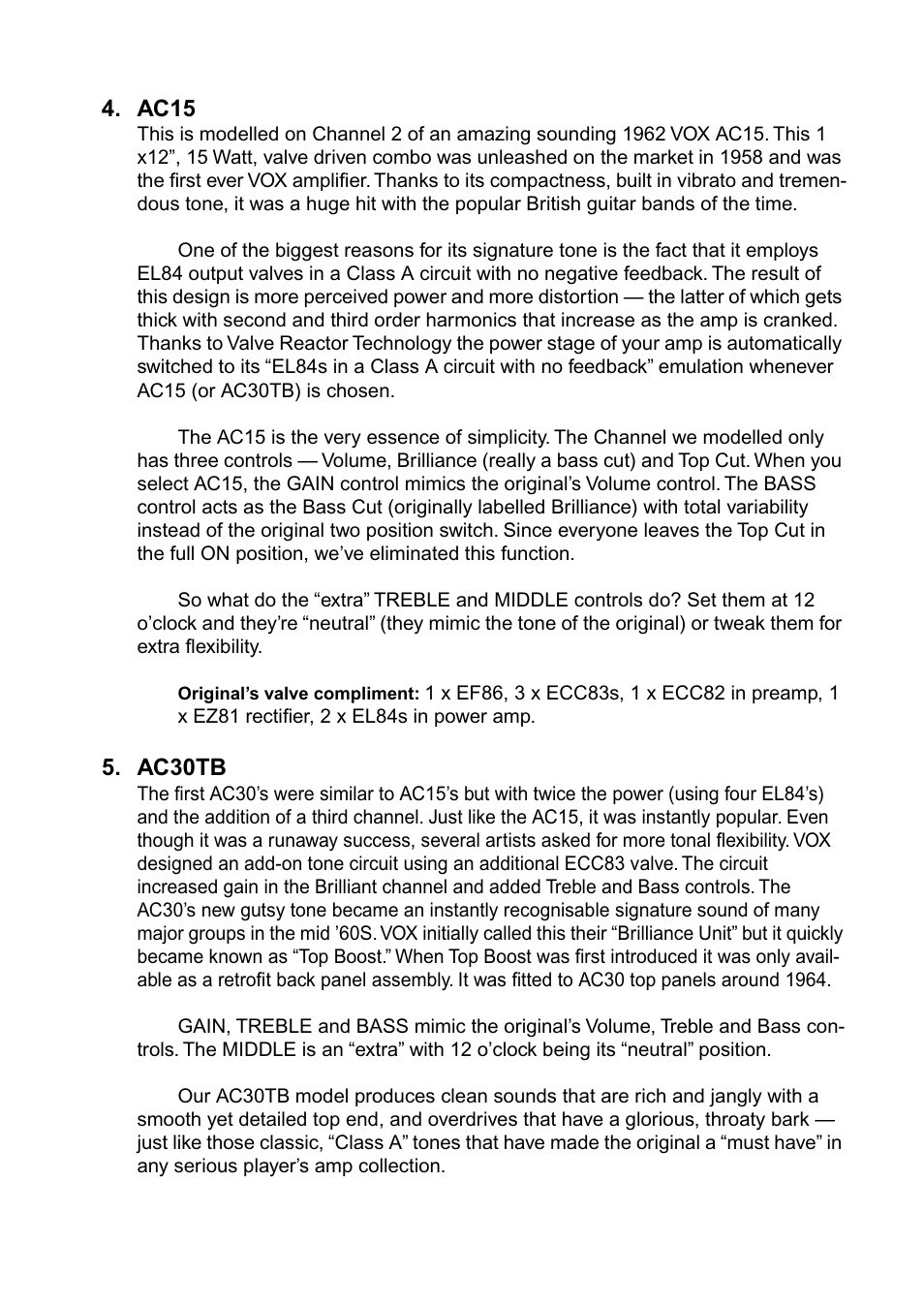 Ac15, Ac30tb | Vox AD100VT User Manual | Page 24 / 36