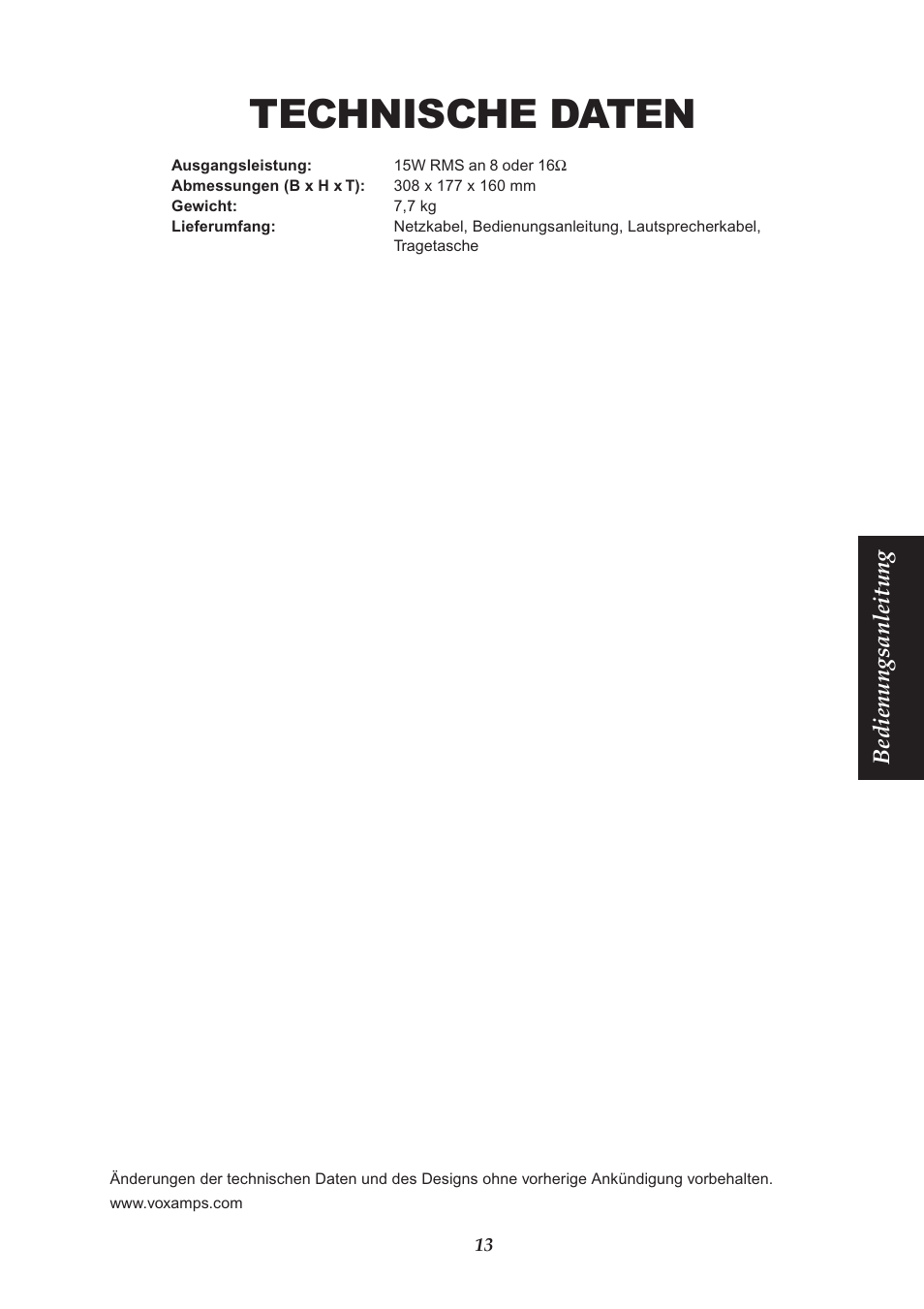 Technische daten, Bedienungsanleitung | Vox NIGHT TRAIN EFGSJ1 User Manual | Page 13 / 18