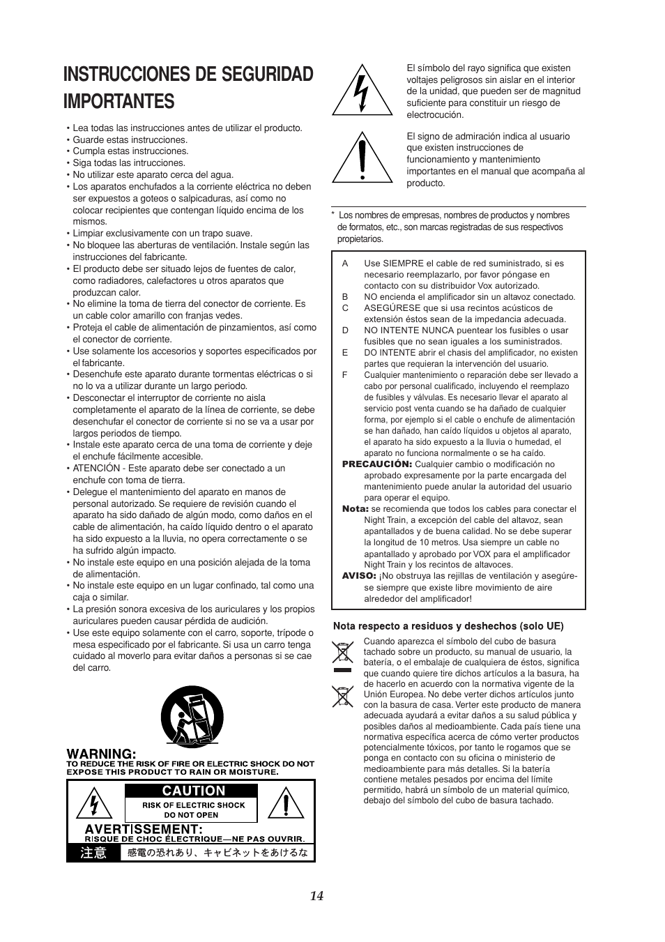 Español, Instrucciones de seguridad importantes | Vox NIGHT TRAIN EFGSJ1 User Manual | Page 14 / 18