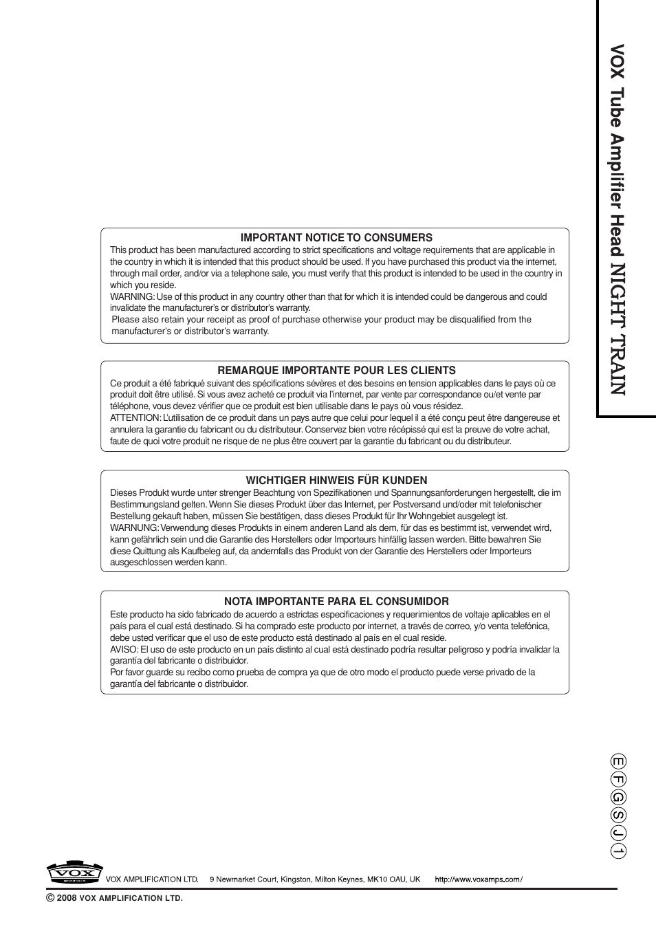 Vox NIGHT TRAIN EFGSJ1 User Manual | Page 18 / 18