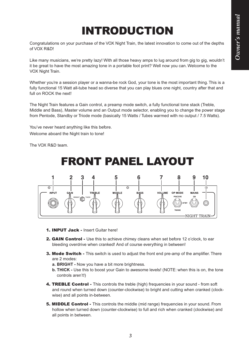 Introduction, Front panel layout, Owner ’s manual | Vox NIGHT TRAIN EFGSJ1 User Manual | Page 3 / 18