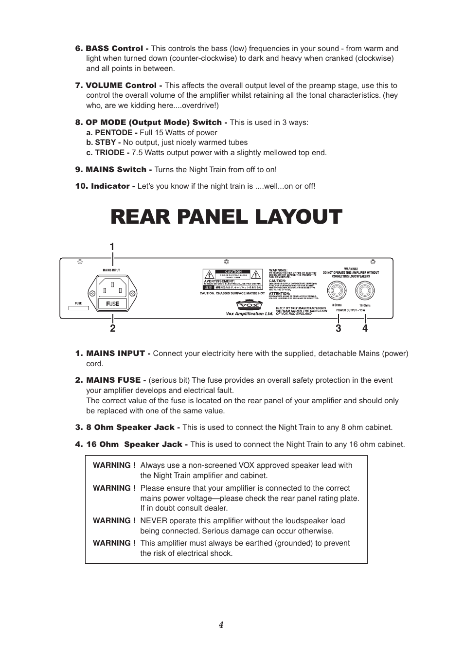 Rear panel layout | Vox NIGHT TRAIN EFGSJ1 User Manual | Page 4 / 18