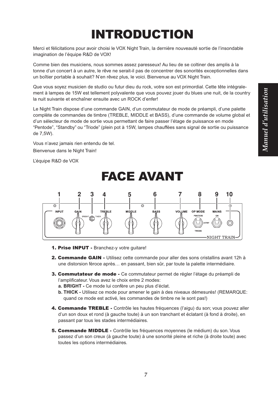 Introduction, Face avant, Manuel d’utilisation | Vox NIGHT TRAIN EFGSJ1 User Manual | Page 7 / 18