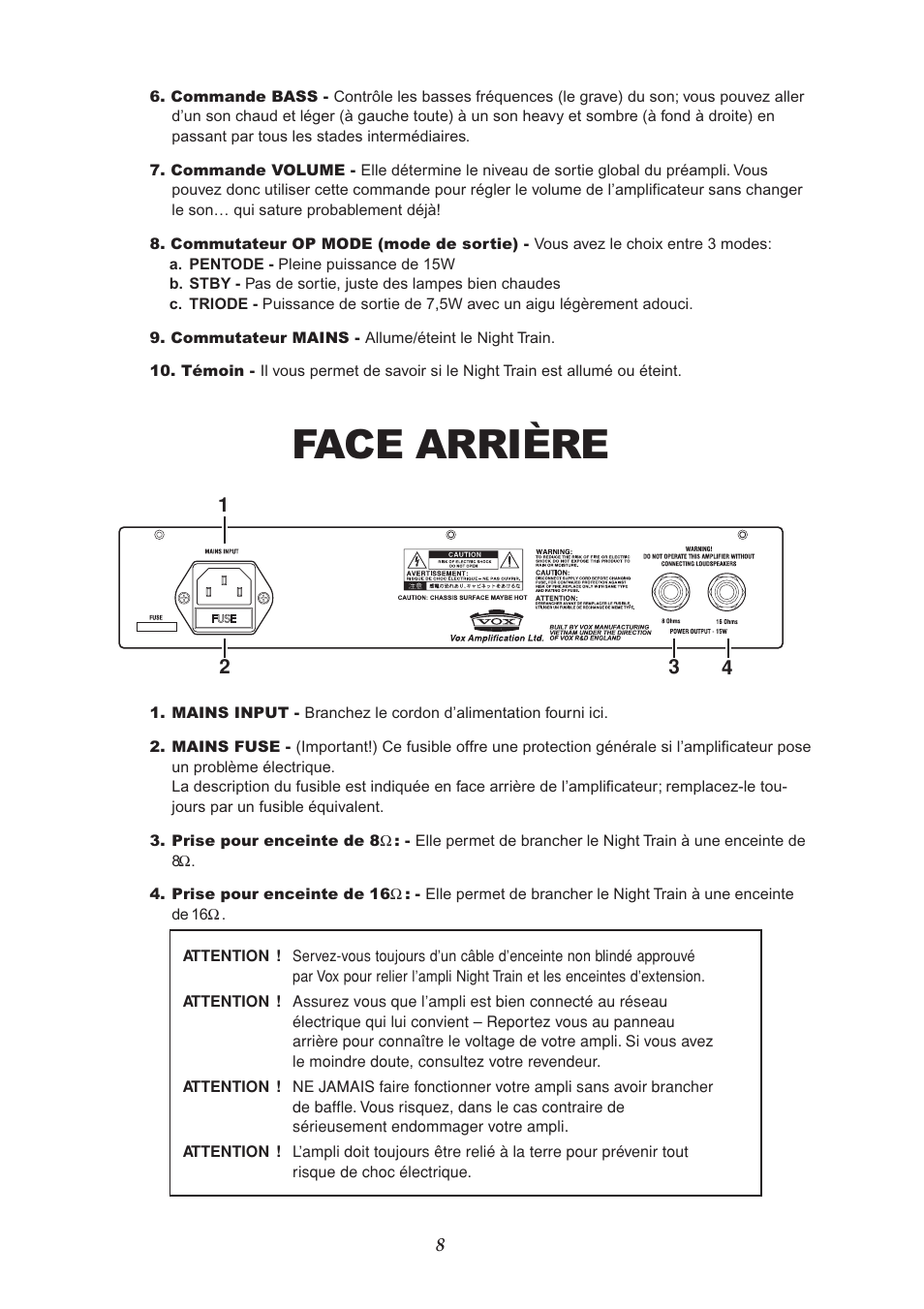 Face arrière | Vox NIGHT TRAIN EFGSJ1 User Manual | Page 8 / 18