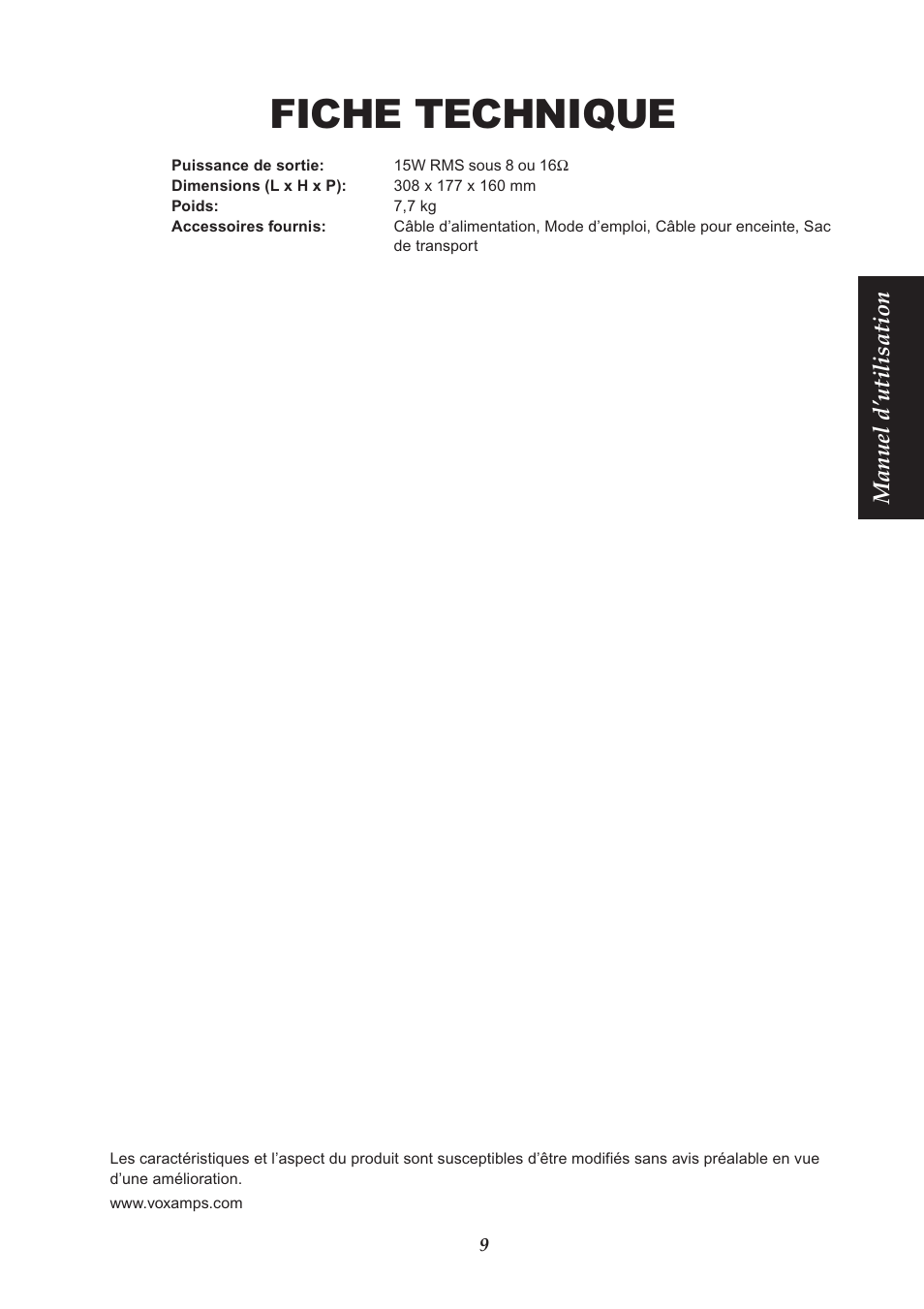 Fiche technique, Manuel d’utilisation | Vox NIGHT TRAIN EFGSJ1 User Manual | Page 9 / 18