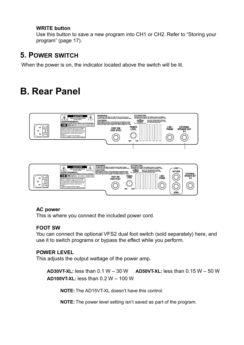 B. rear panel | Vox AD100VT-XL User Manual | Page 11 / 35