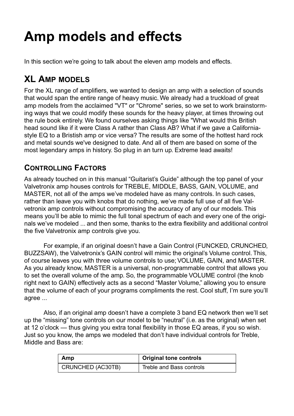 Amp models and effects, Xl amp models, Xl a | Vox AD100VT-XL User Manual | Page 20 / 35