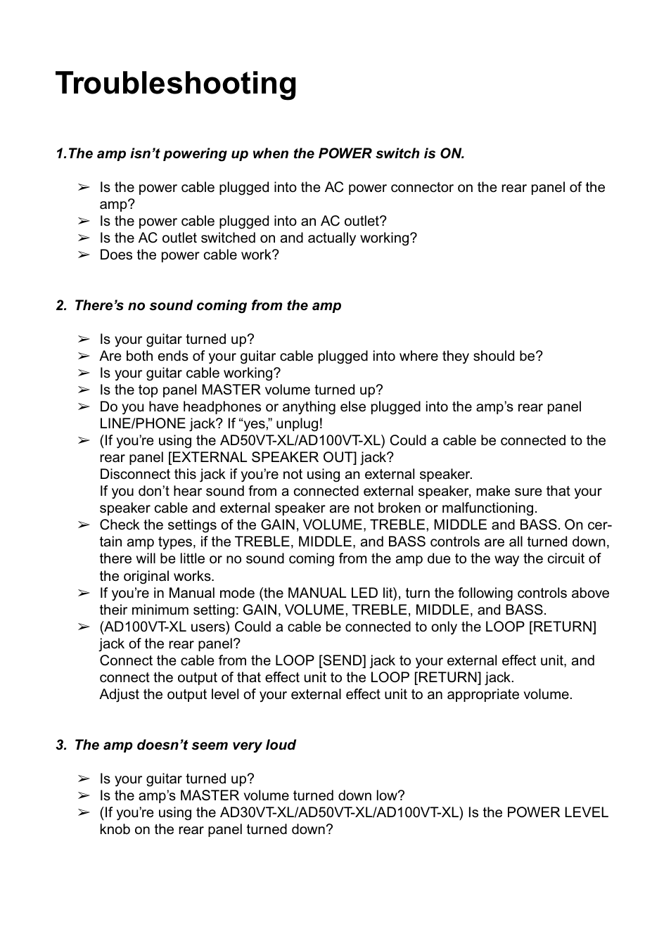 Troubleshooting | Vox AD100VT-XL User Manual | Page 29 / 35