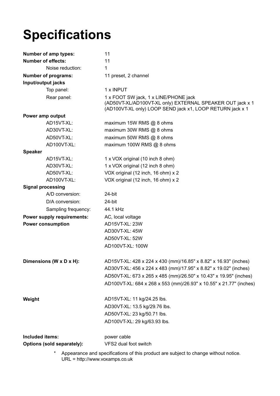 Specifications | Vox AD100VT-XL User Manual | Page 31 / 35