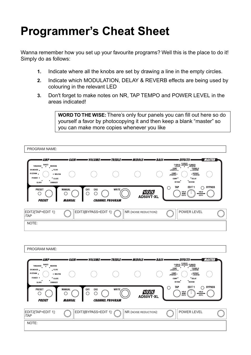 Programmer’s cheat sheet | Vox AD100VT-XL User Manual | Page 32 / 35