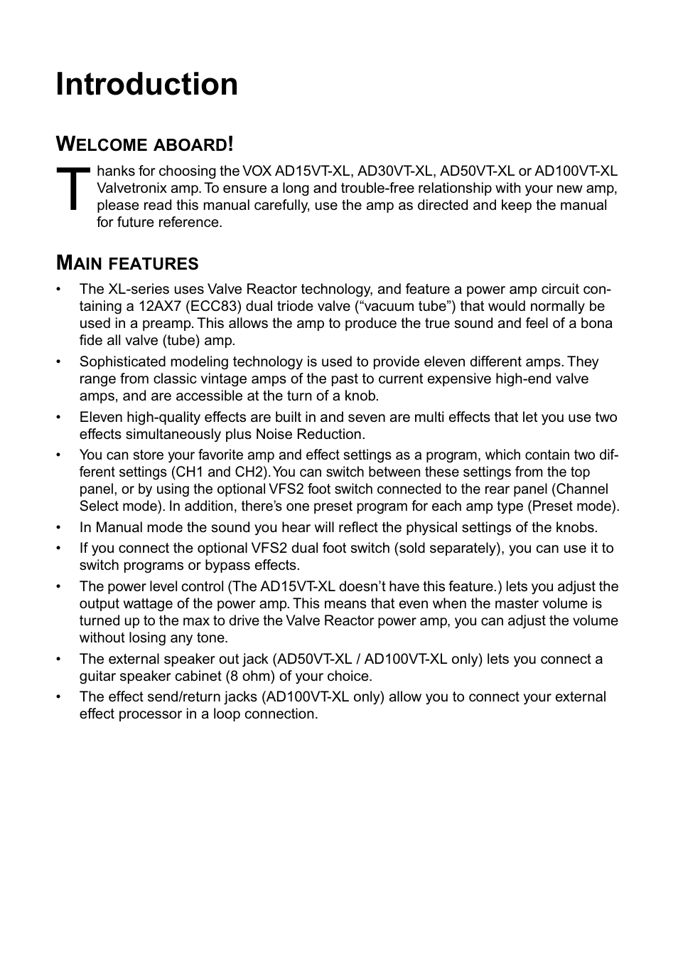 Introduction, Welcome aboard, Main features | Welcome aboard! main features | Vox AD100VT-XL User Manual | Page 4 / 35