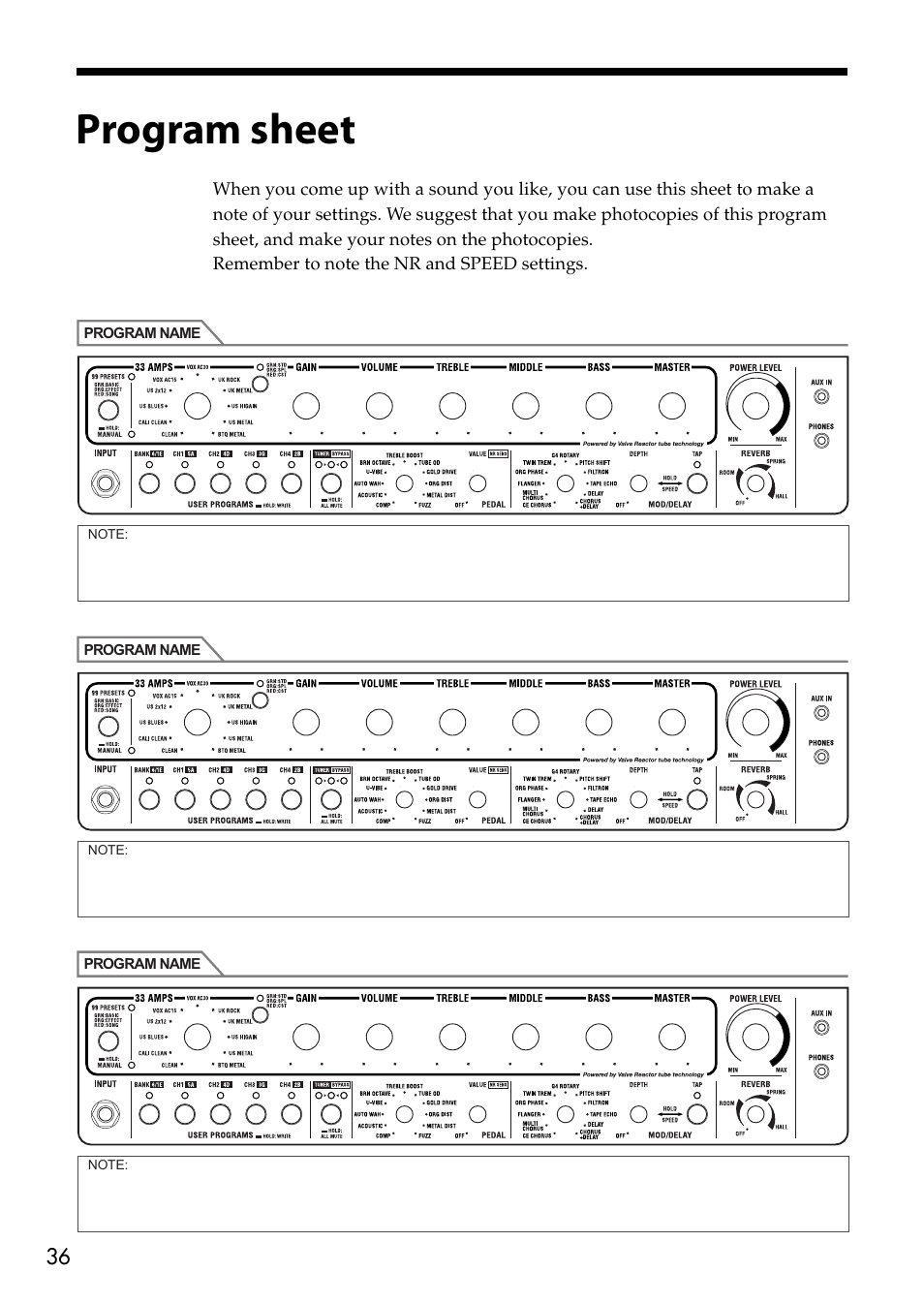 Program sheet | Vox VT80+ User Manual | Page 36 / 40