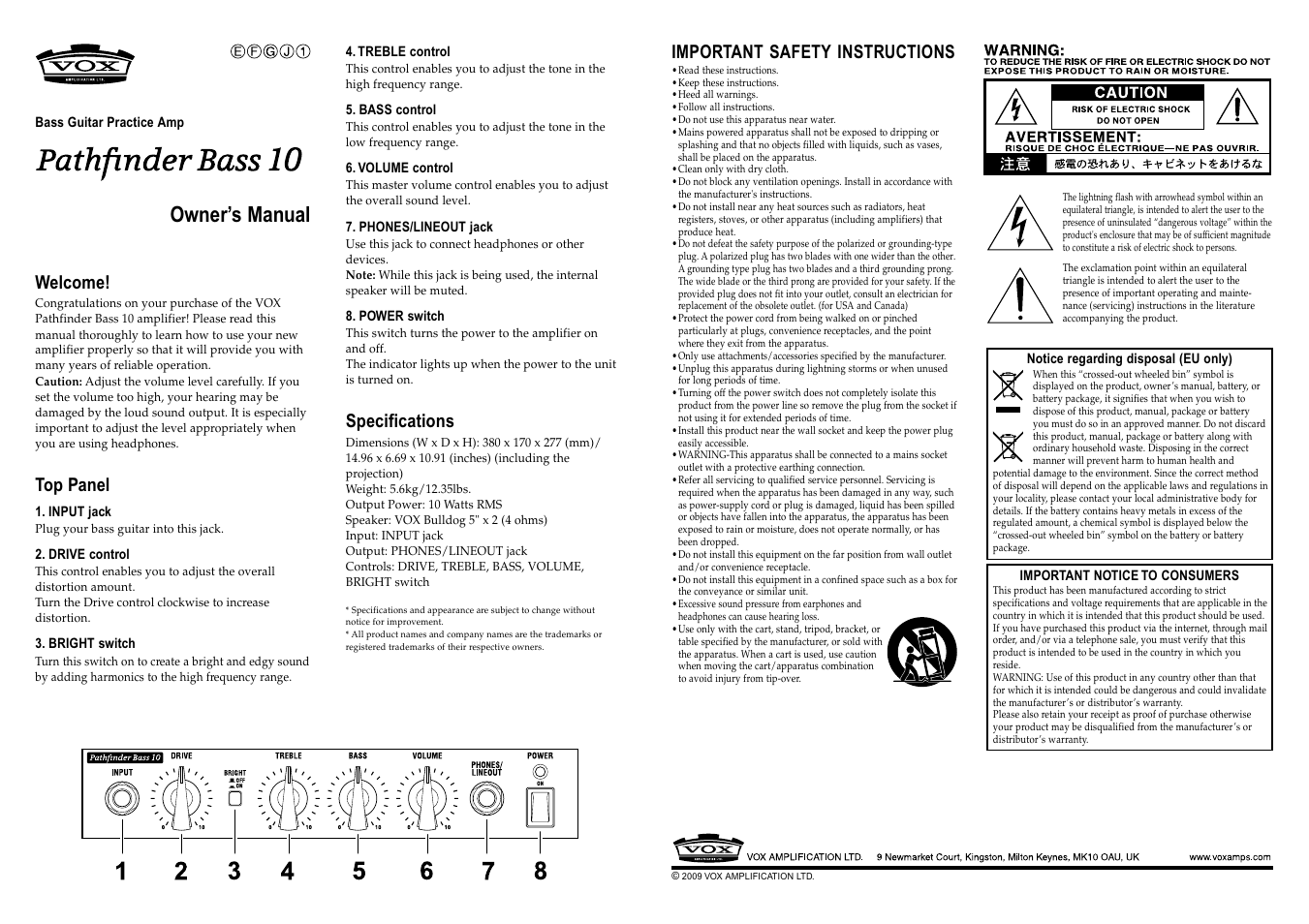 Vox PATHFINDER BASS 10 User Manual | 4 pages
