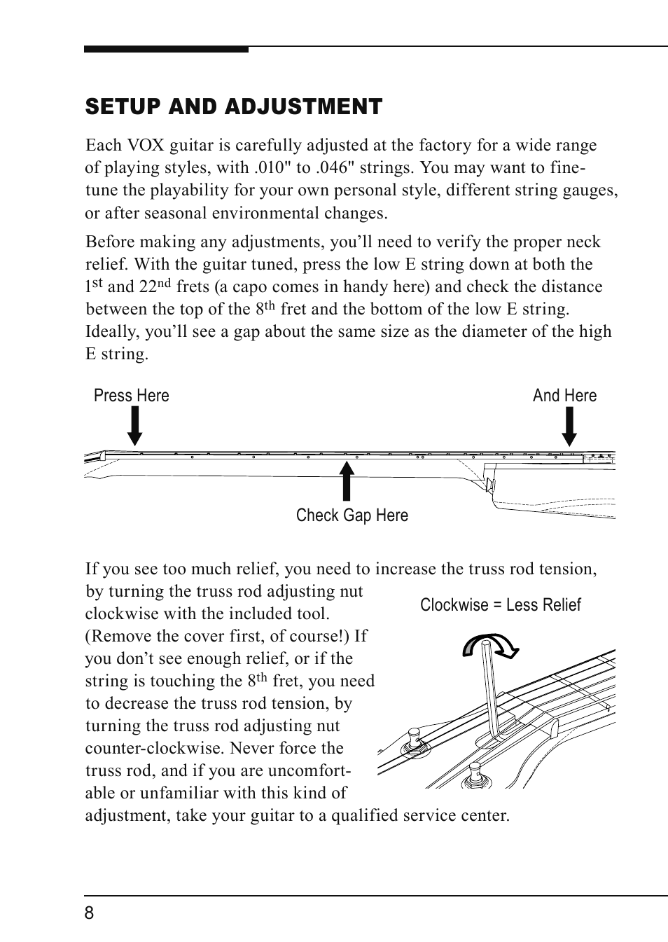 Setup and adjustment | Vox VIRAGE VGSC User Manual | Page 10 / 43