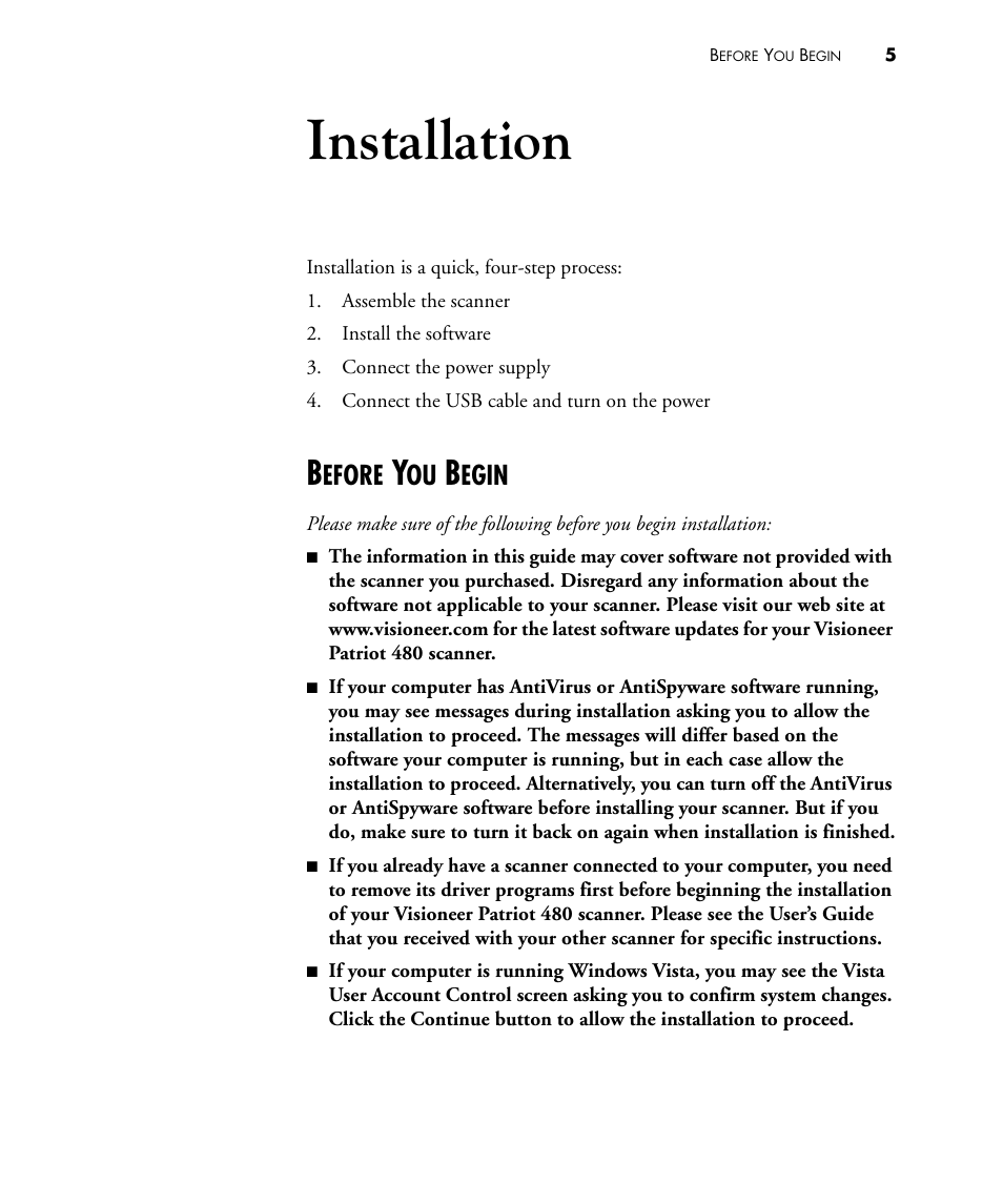Installation, Before you begin, Efore | Egin | Visioneer PATRIOT 480 User Manual | Page 10 / 114