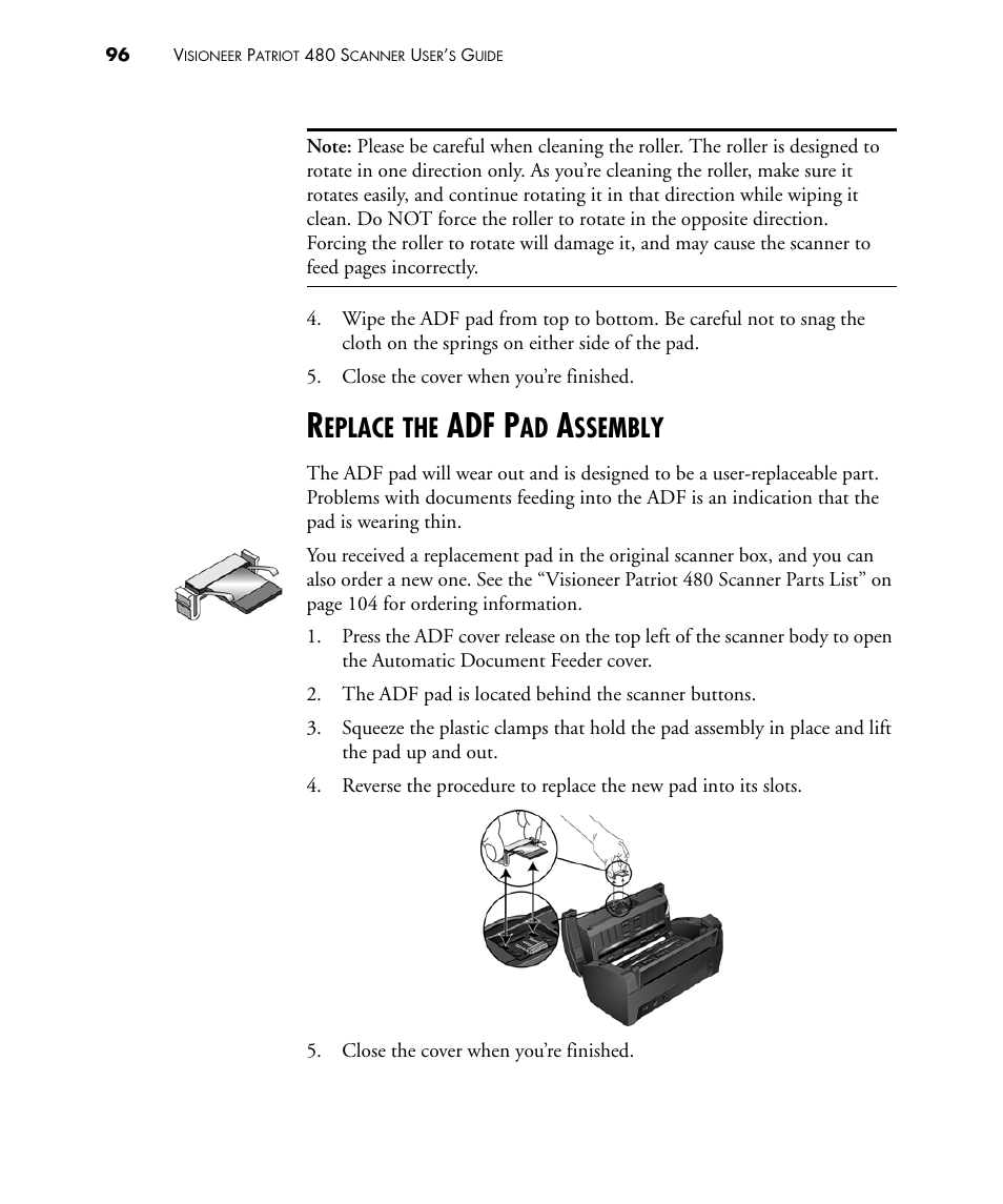 Replace the adf pad assembly, Adf p, Eplace | Ssembly | Visioneer PATRIOT 480 User Manual | Page 101 / 114