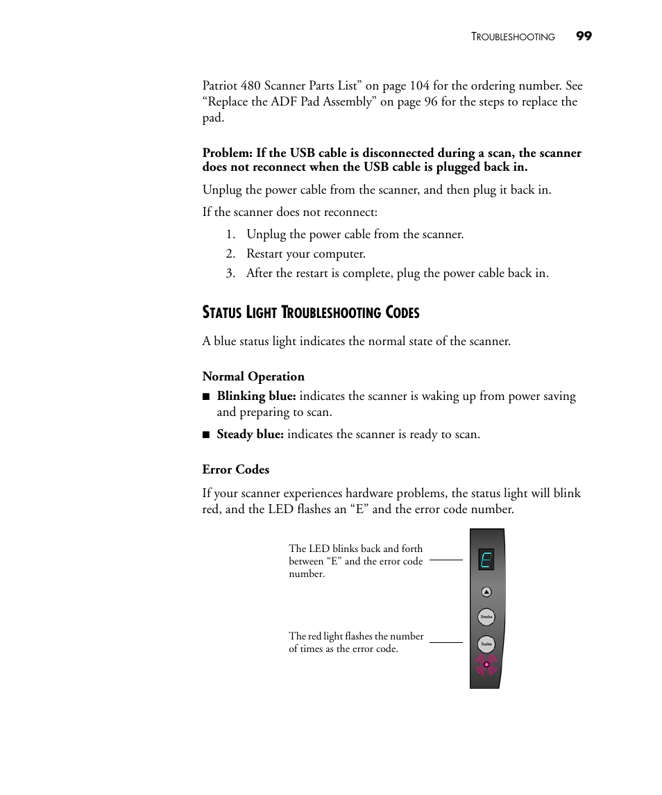Status light troubleshooting codes | Visioneer PATRIOT 480 User Manual | Page 104 / 114