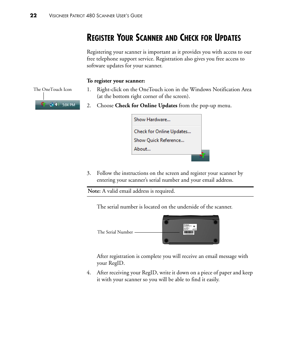 Register your scanner and check for updates, Egister, Canner | Heck, Pdates | Visioneer PATRIOT 480 User Manual | Page 27 / 114