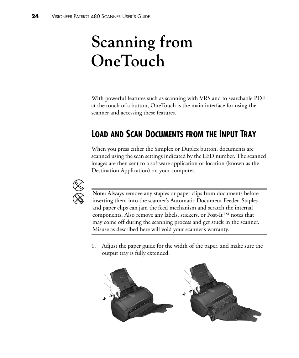 Scanning from onetouch, Load and scan documents from the input tray | Visioneer PATRIOT 480 User Manual | Page 29 / 114