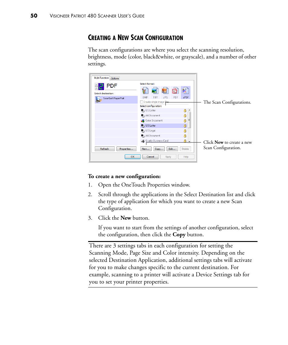 Creating a new scan configuration | Visioneer PATRIOT 480 User Manual | Page 55 / 114
