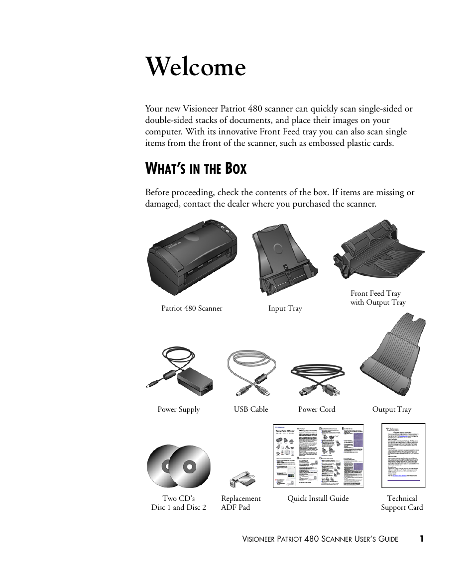 Welcome, What’s in the box | Visioneer PATRIOT 480 User Manual | Page 6 / 114