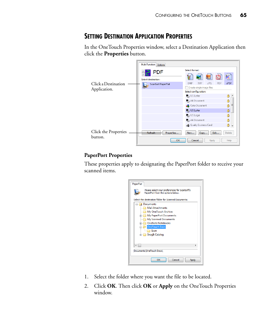 Setting destination application properties | Visioneer PATRIOT 480 User Manual | Page 70 / 114