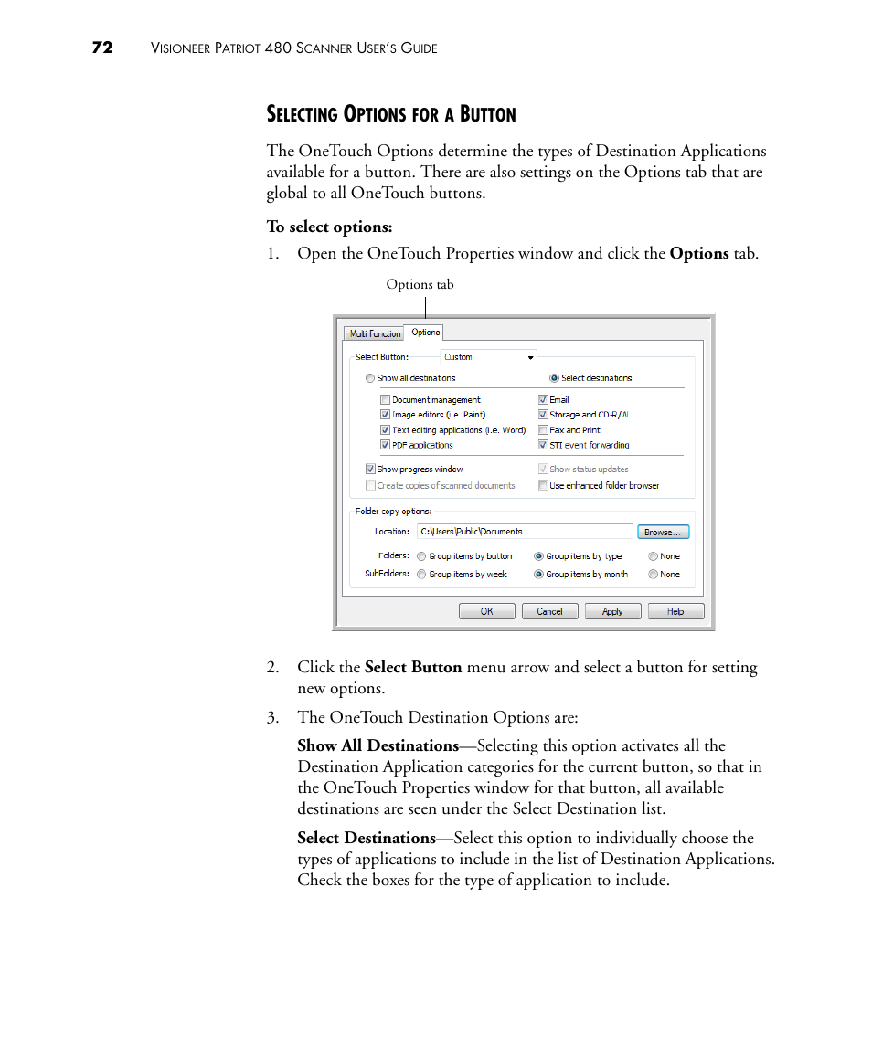 Selecting options for a button | Visioneer PATRIOT 480 User Manual | Page 77 / 114